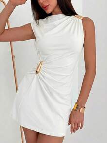 Aloruh Metal Decor Ruched Sleeveless Fashion Mini Dress - White - View 8