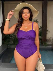 Swim Chiccia 2026 New Arrival Purple Solid One-Piece Swimsuit,Removable Pads,Adjustable Straps, Criss-Cross Front,Ruched Summer Tropical Beach Holiday - Purple - View 6