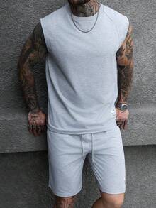 Manfinity Homme Men's Plus Size Summer Casual Minimalist Solid Color Loose Round Neck Tank Top And Shorts Set - Grey - View 7