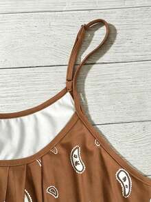 Linhara Plus Size Women's Floral Cashew Print Casual Versatile Daily Outing Camisole Top - Coffee Brown - View 3