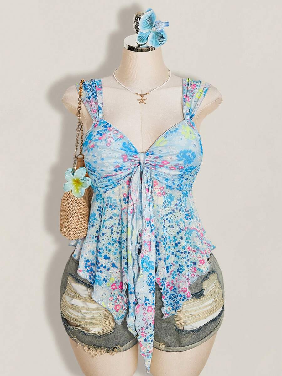 SHEIN ICON 女款大尺碼花卉印花背心上衣度假款 - 藍色 - 查看 1