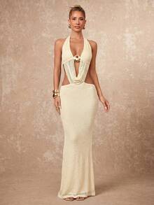 Lumalex Gaun Wanita Musim Semi/Panas untuk Liburan, Model V Dalam, Motif Bintang Laut, Tekstur, Tanpa Lengan, Belahan Punggung Tinggi, Warna Beige untuk Pesta Elegan - Krem - View 5