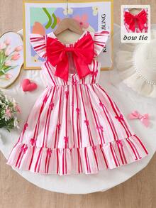 SHEIN Elladie kids 女童春夏休闲时尚新款连衣裙，后背蝴蝶结设计点缀，红色蝴蝶结条纹印花图案梭织面料，无袖修身A字连衣裙，面料柔软舒适，适合女孩穿着，可爱休闲，适合日常、上学、外出、度假等场合。 - 紅色 - 查看 2