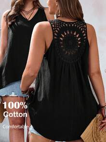 EMERY ROSE Plus Size Women's Lace Patchwork High-Low Tank Top - Black - View 1