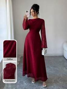 Modelyn Gaun Musim Semi/Gugur Elegan Gaya Liburan Elegan Warna Polos Kain Bertekstur Lengan Mengembang dengan Ikat Pinggang - Burgundy - View 7
