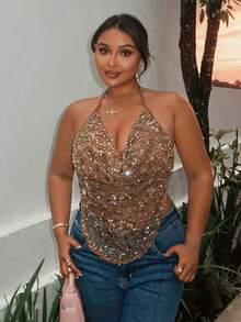 Firerie Plus Size Women Halter Neck Versatile Casual Top - Brown - View 7