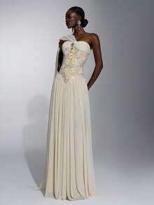 Elitara Elegant Queen Casual Cream Elastic Mesh Fabric Beaded Patchwork Sequins Buckle Decor Ruched Bust Voluminous Skirt Party Formal Bridal Dress - Light Yellow - View 9