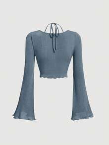 SHEIN MOD Tie Back Lettuce Trim Ruched Front Trumpet Sleeve Crop Tee - Dusty Blue - View 2