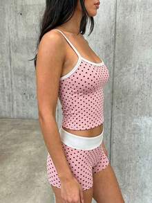 SHEIN EZwear Bộ 2 món áo hai dây gân họa tiết chấm bi và quần short nữ phong cách thường ngày - Hồng - Xem 4