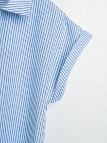 SHEIN Franclia Camisa casual de mujer con rayas azules y blancas, mangas de murciélago, sin cinturón, para negocios, oficina y trabajo de verano - Azul - Ver 3