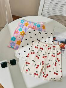 SHEIN 3件套女童针织纯色爱心刺绣休闲打底裤套装 - 彩色 - 查看 6