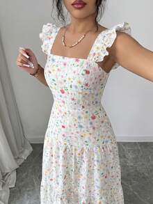SHEIN Elenzya 女款春夏優雅碎花印花荷葉邊肩帶A字長洋裝，適合野餐、情人節約會、海灘聚會、旅行度假 - Pearl White - 查看 5