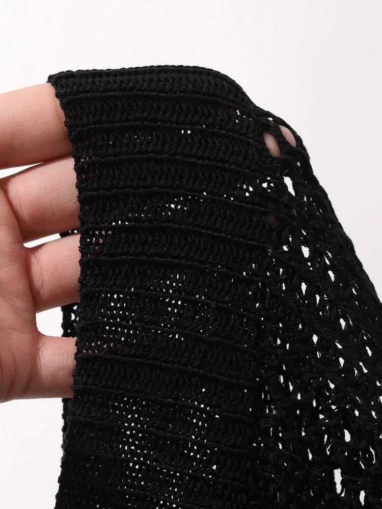 Black Ribbed Hollow-Out Half Mesh Short Sleeve Knit Top For Men