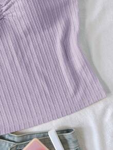 Teen Girl Summer Casual Vacation Daily Commute Minimalist Solid Color Textured Fabric Sweetheart Neckline Ruched Bust Fitted Top - Purple - View 6