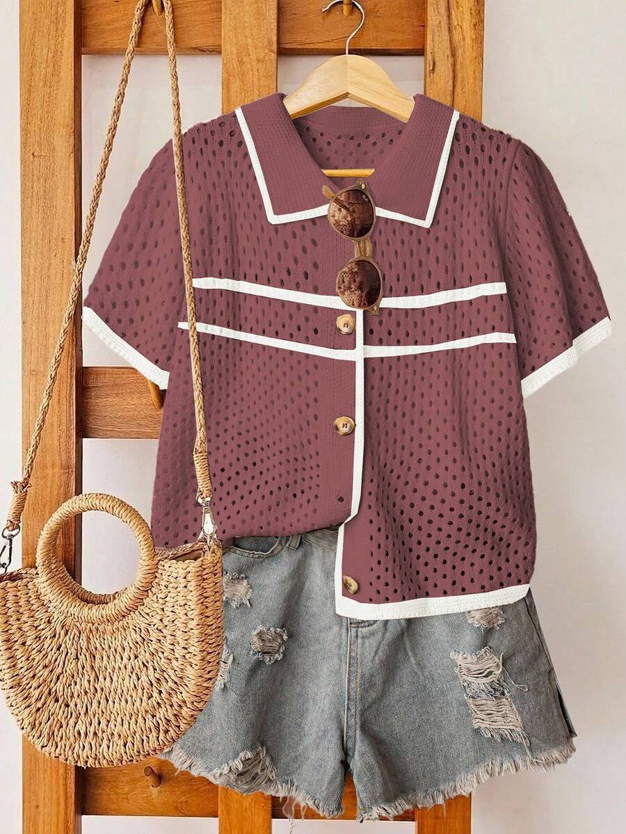 Linhara Plus Size Women's Colorblock Knit Open Collar Hollow Out Striped Single Breasted Short Sleeve Regular Casual Minimalist Spring Summer Cardigan - Red Violet - View 1