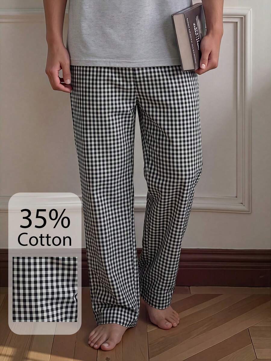 Napfluff Celana Piyama Pria Motif Kotak-kotak Tenun - Hitam dan Putih - View 1