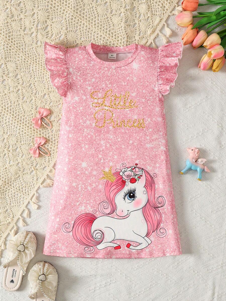 SHEIN Elladie kids 少女獨角獸印花圓領短袖休閒洋裝 - 粉色 - 查看 1