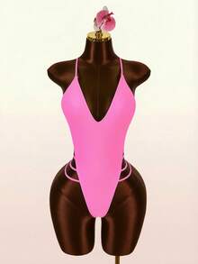 Amplova 1pc Women's Sexy Backless Halter Monokini Swimsuit With Steel Rings, Suitable For Vacation And Daily Wear - Hot Pink - View 2
