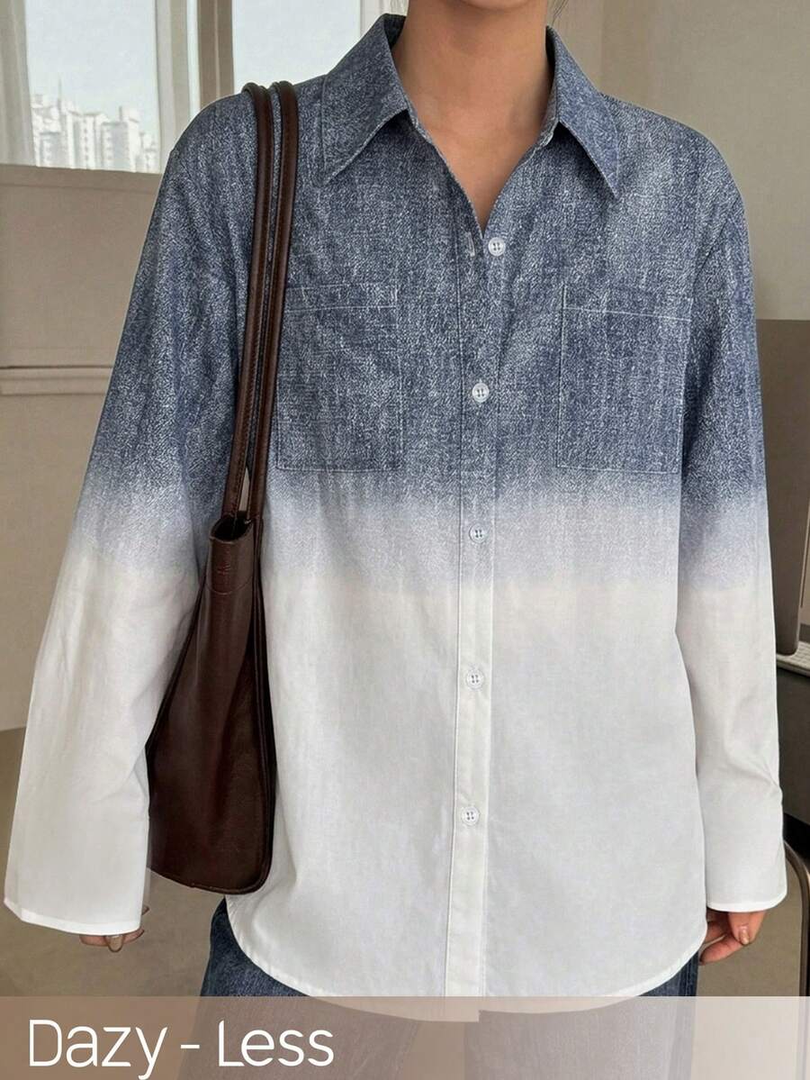 DAZY Women's Ombre Long Sleeve Dropped Shoulder Casual Sexy Loose Blouse Golf White Autumn School - Blue - Ver 1