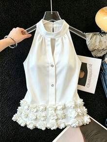 SHEIN Franclia 女士休闲贴花前开襟纽扣无袖衬衫，夏季 - 白色 - 查看 1