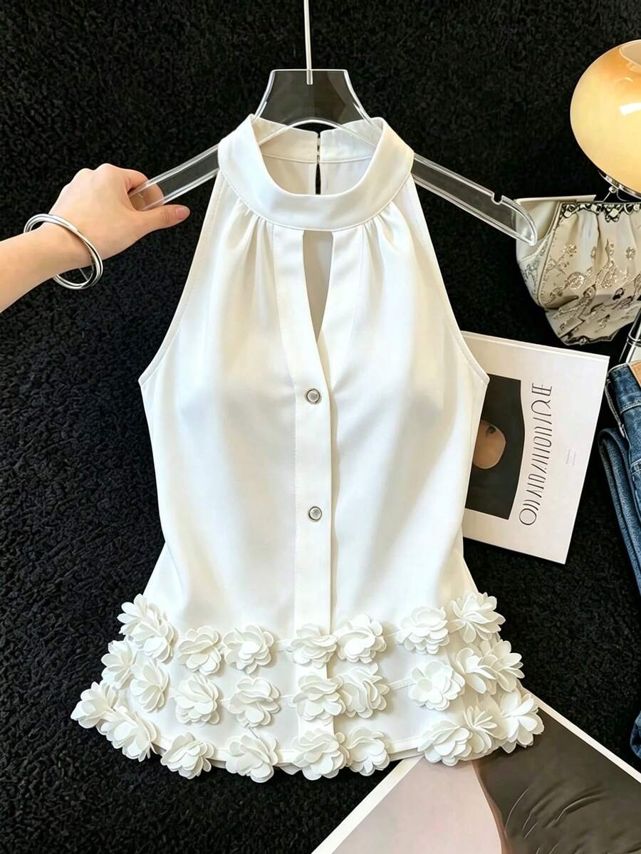 SHEIN Franclia 女士休闲贴花前开襟纽扣无袖衬衫,夏季 - 白色 - 查看 1
