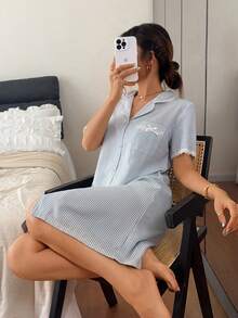 Napfluff Women's Lace Trim Striped Bow Decor Pocket Shirt Dress - Blue - View 5