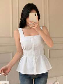 Celisse Elegant Waist-Cinched Open Front Square Neck Sleeveless Vest For Women Brunch White Summer - White - View 3