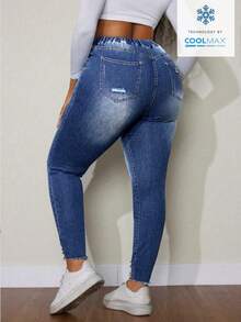 SHEIN SXY Celana Jeans Wanita Ukuran Besar dengan Tali Serut di Pinggang, Desain Sobek, Kasual, Serbaguna untuk Aktivitas Sehari-hari - Dark Wash - View 2