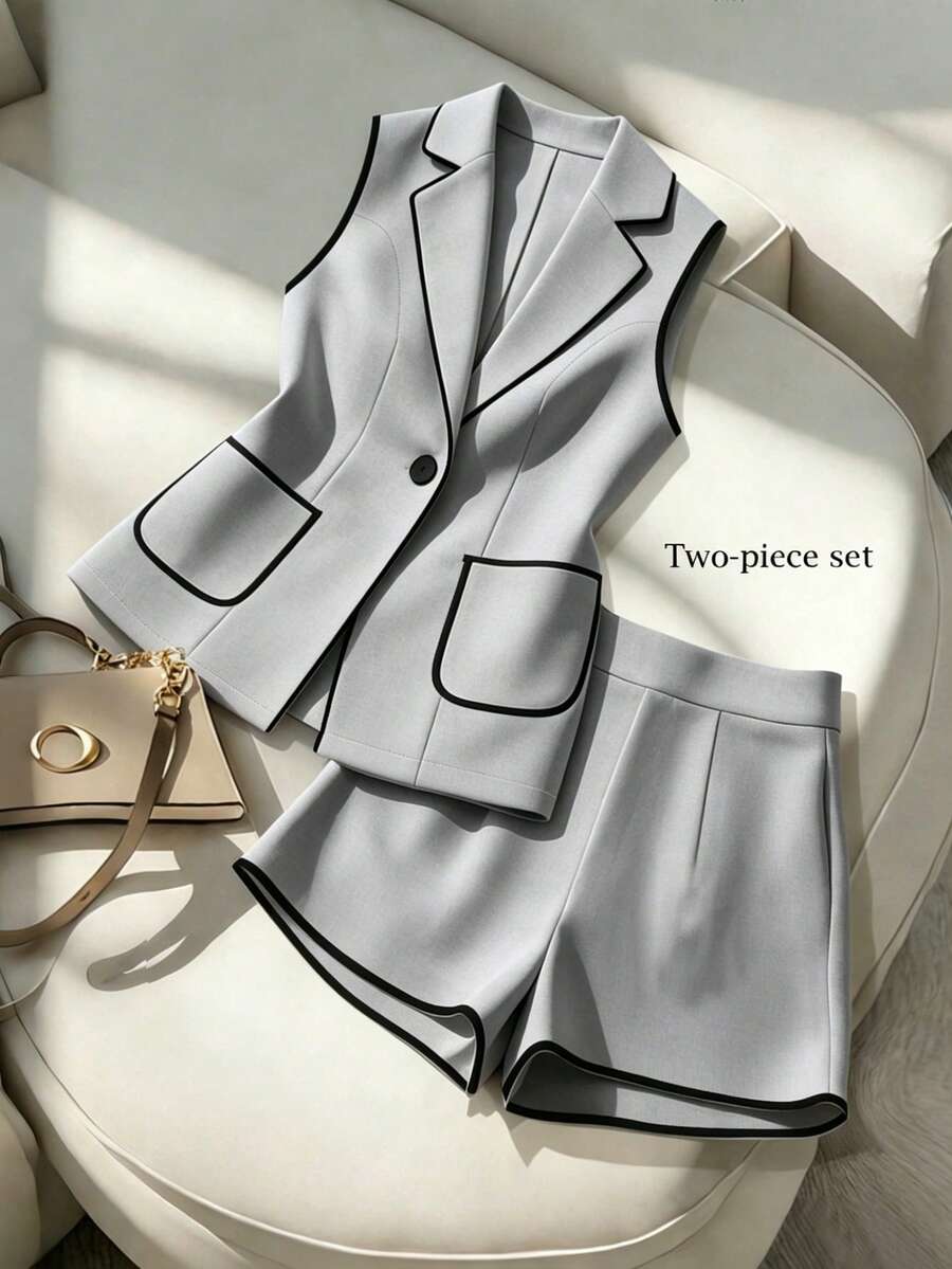 SHEIN Franclia 秋冬優雅兩件式套裝 對比滾邊翻領無袖西裝背心與高腰短褲套裝 百搭辦公通勤外出西裝 - 灰色 - 查看 1