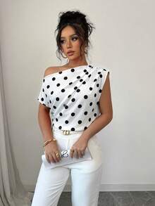 Elenzga Blusa roja con hombro asimétrico y fruncido para mujer - Blanco y Negro - Ver 5