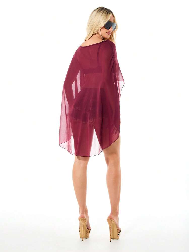 SUMWON WOMEN 流れるような袖のシフォンオフショルダーポンチョブラウス