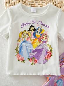 SHEIN Young Girl' White Ribbed Princess Graphic Short Sleeve Top And Pants Casual Outfit, Suitable For Outings And Gatherings - Purple - View 6