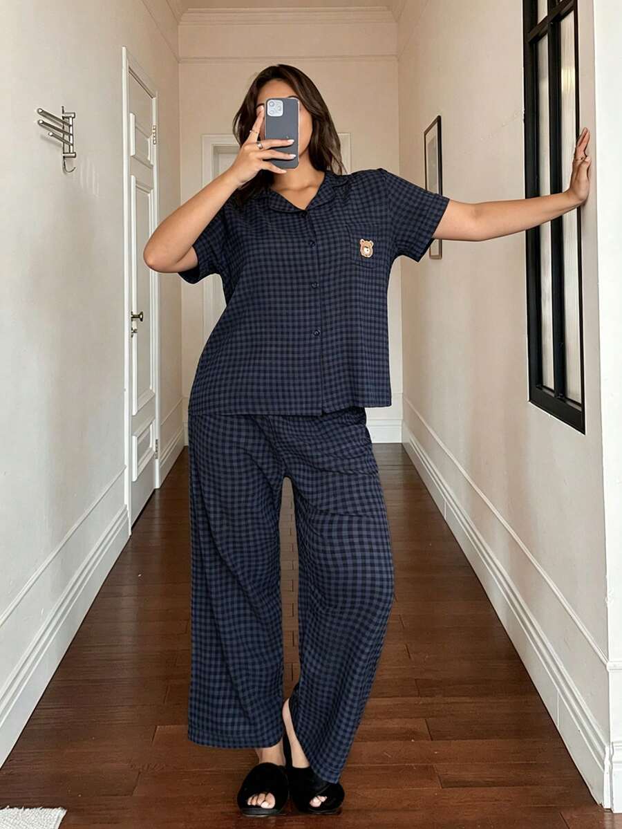 Napfluff CURVE Napfluff CURVE Summer Cute Plaid Print Patch Pocket Bear Embroidery Pattern Front Button Short Sleeve Long Pants Women Plus Size Pajama Set Homewear Set - Multicolor - View 1