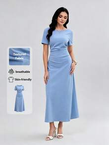 Mulvari Vestido largo de color azul cielo sólido con detalle de fruncido lateral, dobladillo en línea A ajustado, vestido de manga corta modesto para mujeres, perfecto para el trabajo y ocasiones especiales - Azul - Ver 4