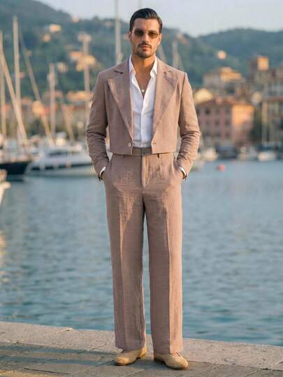 HIMLAND Men's Short Sleeve Open Front Blazer Jacket And Straight Leg Zipper Pocket Pants Set, Casual Loose Fit For Young
