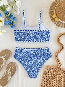 SHEIN Tween Girl Blue And White Small Ditsy Floral Bikini Set Set, Island Style Print, Vacation Style, Suitable For Spring And Summer, Outdoor Activities - Blue - View 3