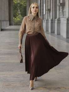 Elenary Edit Rok Lipit Model A-Line Gaya Urban, Rok Maxi Minimalis untuk Pakaian Kasual Sehari-hari - Coffee Brown - View 4