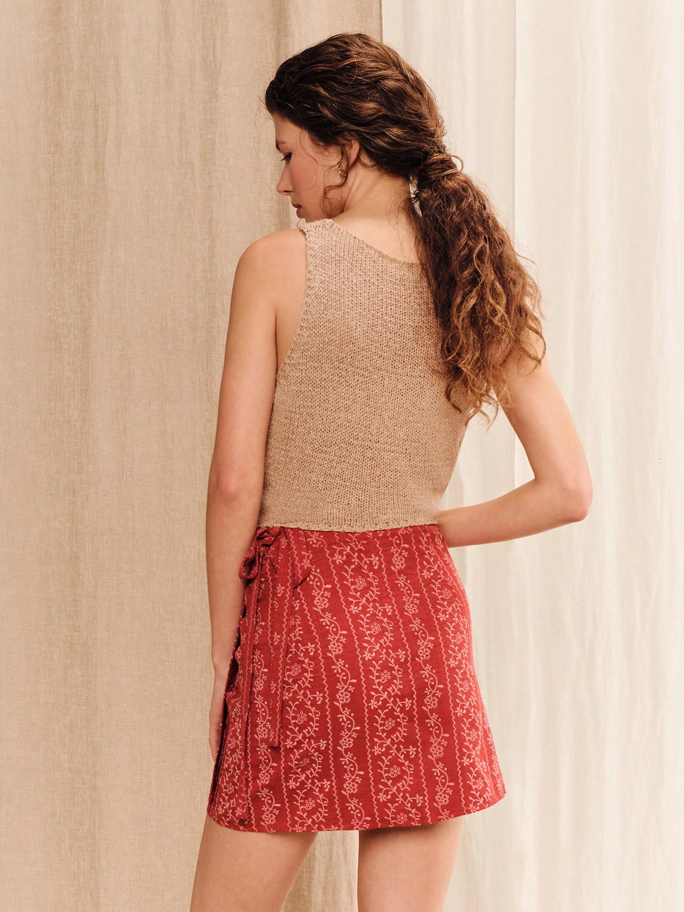 Red Boho Paisley Print High Waisted A Line Mini Wrap Skirt Summer Holiday Business Casual Skirt