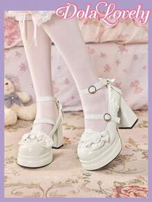 Dola Lovely 女款白色高跟瑪莉珍鞋 圓頭封口 厚底 Lolita 哥德風 蝴蝶結甜美 JK 鞋 - 白色+蕾絲 - 查看 3