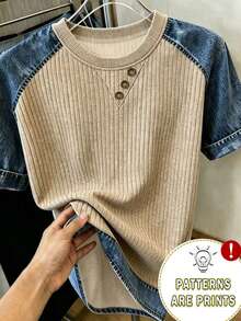 Franclia Women's Round Neck Color Block Casual Versatile Daily Wear Short Sleeve T-Shirt - Brown - View 4