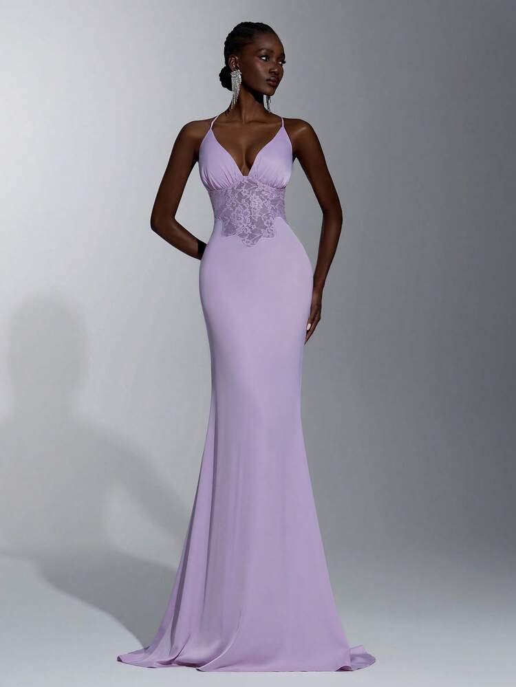 formal lilac dresses Elitara Elegant Satin Spaghetti Strap Deep V-Neck Bodycon Floor-Length Dress Sheer Floral Lace Waist Backless Prom Rehearsal Dinner Gala Dinner soft satin mini dress
