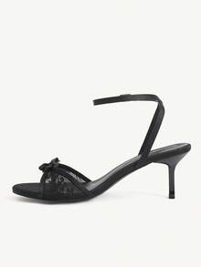 CUCCOO CHICEST Women Shoes Black Lace Splicing Bow Heart Buckle Decoration, Ankle Strap Fashionable Elegance Spring And Summer Wedding Round Toe High Heel Sandals - Black lace stitching - View 4