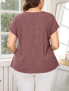 Reflora Plus Size Women's Solid Color Round Neck Short Sleeve Pleated Design Blouse - Dusty Pink - View 2