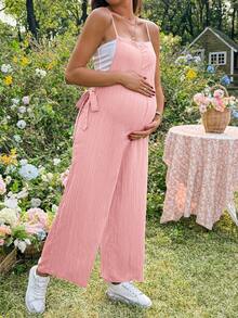 SHEIN Maternity Vacation Casual Solid Color Spaghetti Strap Jumpsuit - Pink - View 6