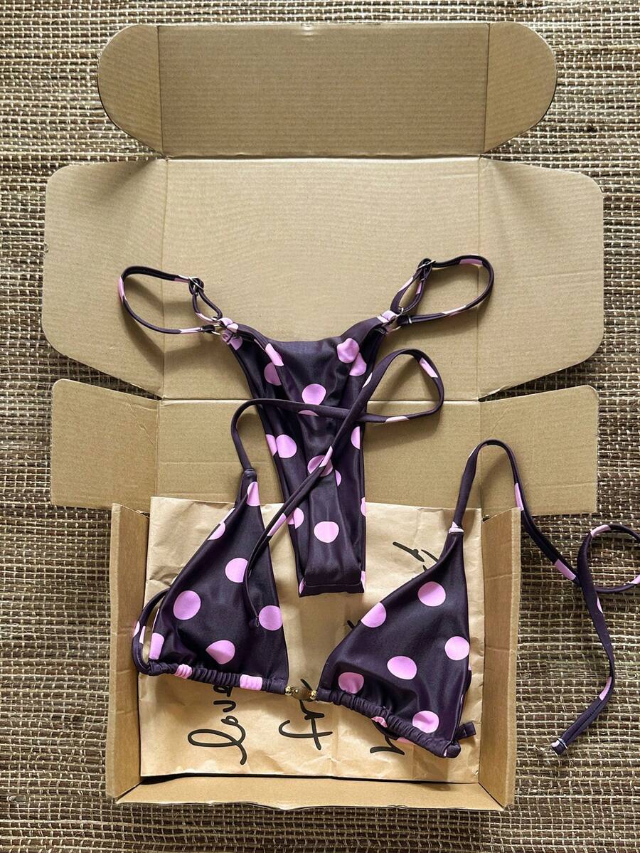 Swim Vcay 2026 Spring/Summer Triangle Cup Bikini Top, Casual Brown Tone Polka Dot, Jade-Like Beaded Accent, Suitable For Vacation, Beach, Pool - Coffee Brown - View 1