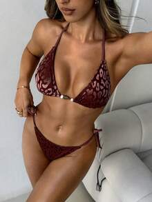 Aloruh 女士夏季新款扎染印花比基尼套装，性感派对音乐节炫彩贝壳装饰女士泳装，女士海滩度假装 - 酒紅色 - 查看 4