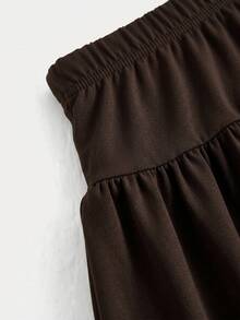 SHEIN Tween Girl Summer Cute Casual Gray Skirt Set: Short Sleeve Crop Top And Pleated Mini Skirt,Summer - Brown - View 4