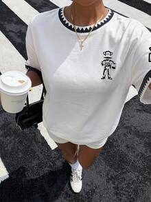 Muchica Paul Frank X SHEIN 夏季休閒卡通印花撞色拼接T恤 - 彩色 - 查看 3