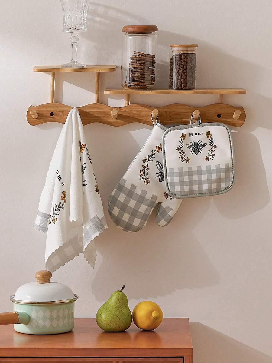 3pcs/Set Bee Print Oven Mitt & Pot Holder & Hand Towel, Oven Mitts Linen Set For Home - Multicolor - View 1