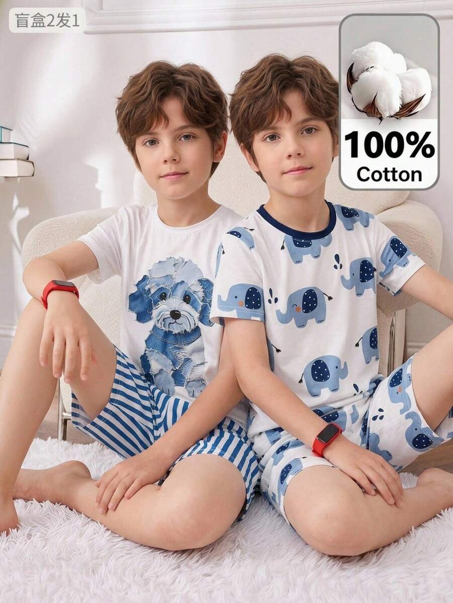 SHEIN 2pcs Young Boy Casual Cowboy Dog Pattern Loungewear Set - Multicolor - View 1